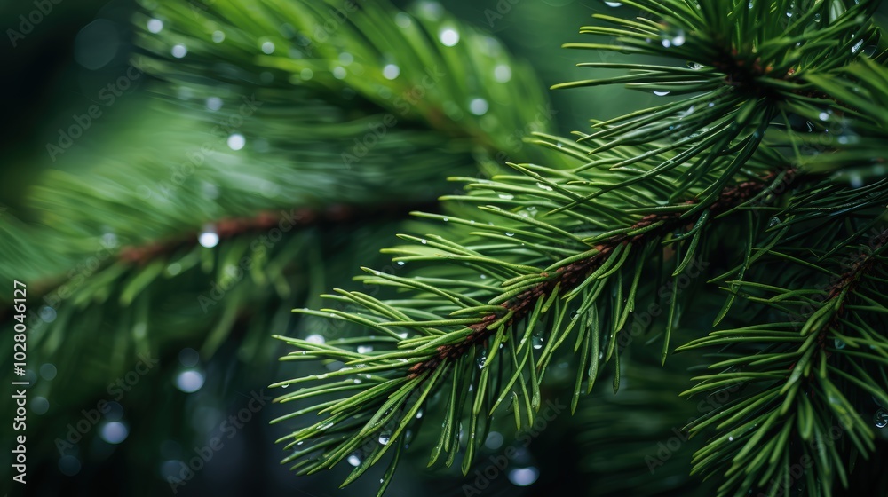 Water drops on the needles of the pine branch close up. Nature background
