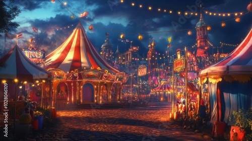 Vibrant nighttime scene of a festive carnival with bright lights and colorful tents.