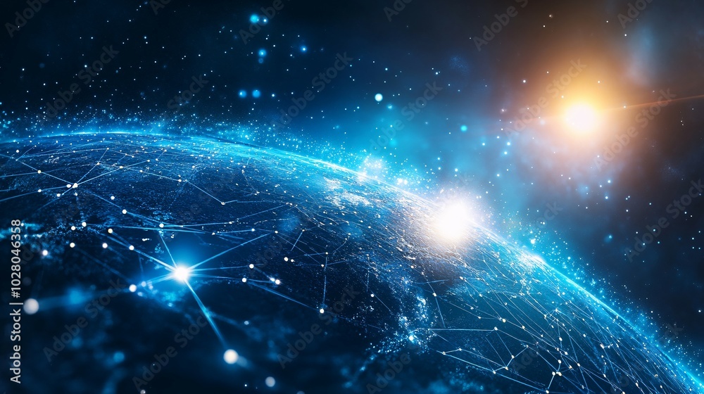 A Connected World: Earth with a Network of Lines and Glowing Points, a Sun in the Background A Connected World: Earth with a Network of Lines and Glowing Points, a Sun in the Background