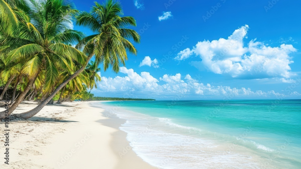 Tropical beach paradise with palm trees and turquoise sea under a bright blue sky. Tropical beach paradise with palm trees and turquoise sea under a bright blue sky.