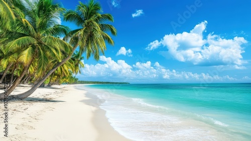 Tropical beach paradise with palm trees and turquoise sea under a bright blue sky.