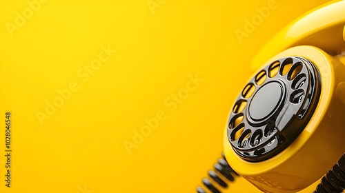 Classic yellow rotary telephone in a close-up shot, bold matching yellow background, minimalist retro design with a nostalgic vibe photo