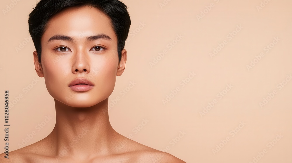 Closeup of an Asian man with perfectly smooth skin, cleanshaven and glowing under soft lighting   smooth skin, cleanshaven, glowing face