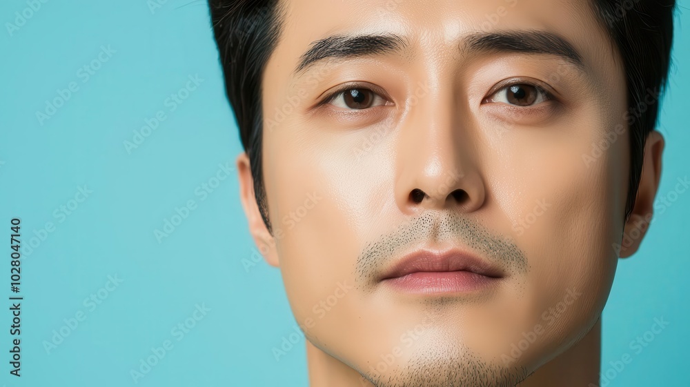 Fototapeta premium Closeup of an Asian man with smooth skin, sharp jawline, and a neutral, confident expression sharp jawline, smooth skin, confident look