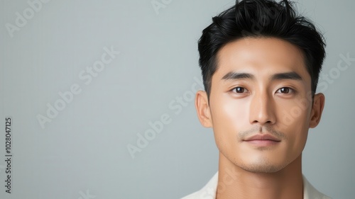 Closeup of an Asian man with perfectly smooth skin, cleanshaven and glowing under soft lighting smooth skin, cleanshaven, glowing face