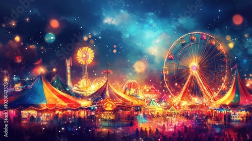 Vibrant carnival night scene with colorful lights and attractions.