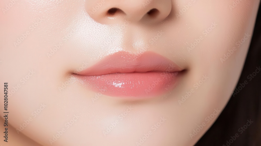 Fototapeta premium Closeup of an Asian woman s flawless skin, glowing under golden hour lighting for a soft, ethereal look golden hour, flawless skin, soft glow