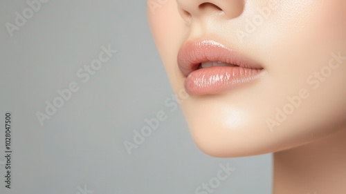 Closeup of an Asian woman s flawless, smooth skin, with a dewy finish and soft, glowing lighting dewy finish, glowing light, smooth complexion