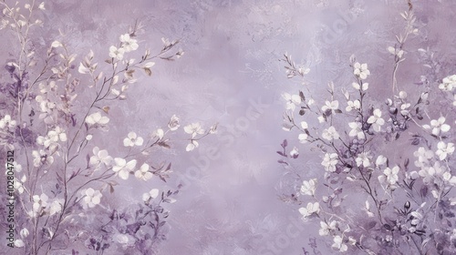 Elegant floral pattern with delicate white blossoms on a lavender background.