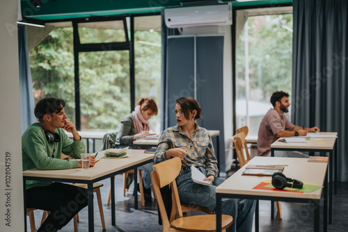 A diverse group of students attending a class in a cozy, well-lit classroom. They are engaged in discussions and studying, creating a collaborative learning atmosphere.