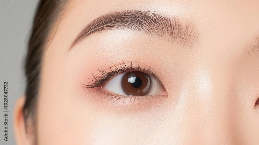 Obraz premium Closeup of an Asian woman s smooth, eventoned skin, highlighted by soft makeup and delicate lighting delicate lighting, smooth complexion, soft makeup