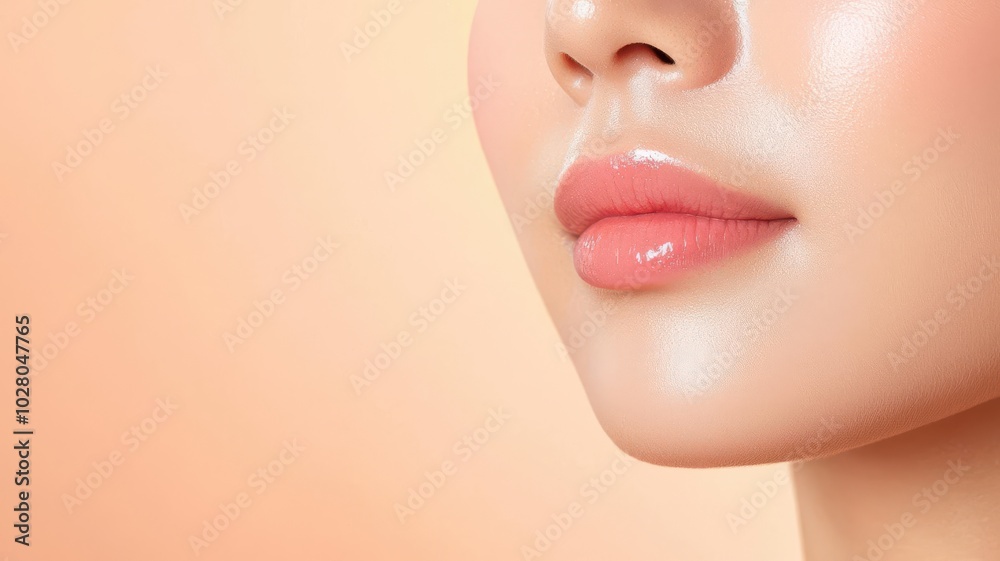 Obraz premium Closeup of an Asian woman s face with glowing, smooth skin, gently illuminated by warm indoor light warm lighting, glowing skin, smooth complexion