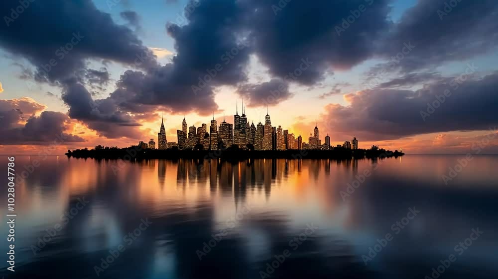 A silhouette of a modern city with skyscrapers, standing on a small island in the sea at sunset. The sun is shining brightly behind the buildings and its golden light reflects on the water. A silhouette of a modern city with skyscrapers, standing on a small island in the sea at sunset. The sun is shining brightly behind the buildings and its golden light reflects on the water.