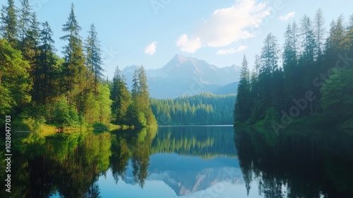 Serene lake surrounded by lush forest and distant mountains.