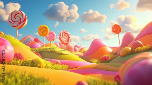 Whimsical candy landscape under a vibrant, sunny sky. photo