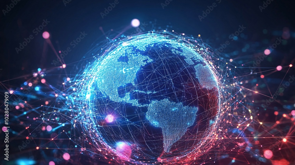 Obraz premium A Digital Globe with Interconnected Lines and Glowing Dots