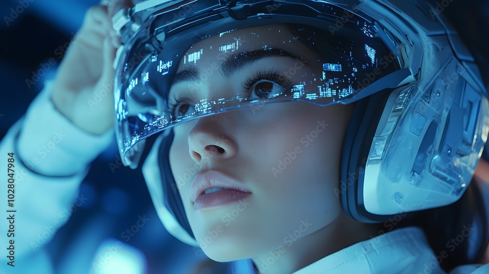 Female engineer adjusting a VR headset, close-up of her focused expression, holographic assembly lines visible in the background, futuristic manufacturing, soft blue lighting, 3D rendering Female engineer adjusting a VR headset, close-up of her focused expression, holographic assembly lines visible in the background, futuristic manufacturing, soft blue lighting, 3D rendering