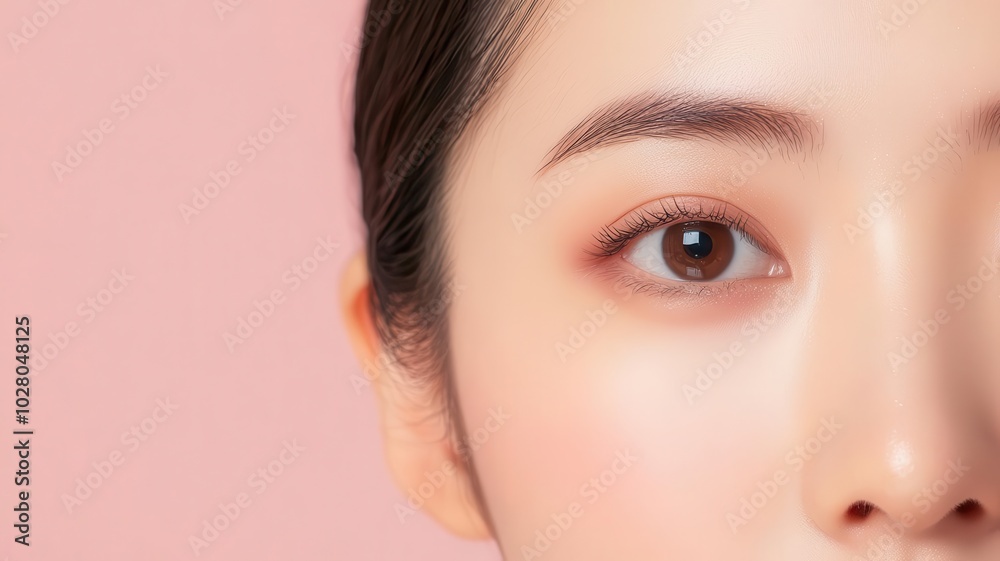 Fototapeta premium Closeup of an Asian woman s face with glowing, smooth skin, gently illuminated by warm indoor light warm lighting, glowing skin, smooth complexion