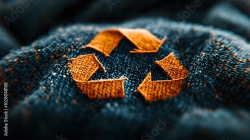 Macro shot of a recycle symbol created from colorful, worn garments, frayed edges and textile details visible, natural textures, rustic, vintage style, digital collage photo