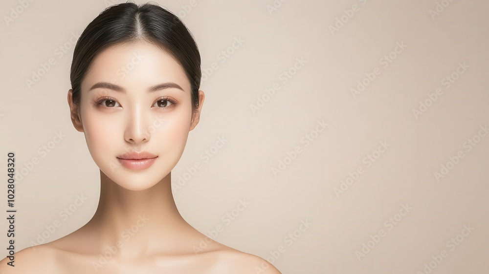 Closeup of an Asian woman with perfectly smooth skin, natural makeup, and a serene expression smooth skin, natural beauty, serene expression Closeup of an Asian woman with perfectly smooth skin, natural makeup, and a serene expression smooth skin, natural beauty, serene expression
