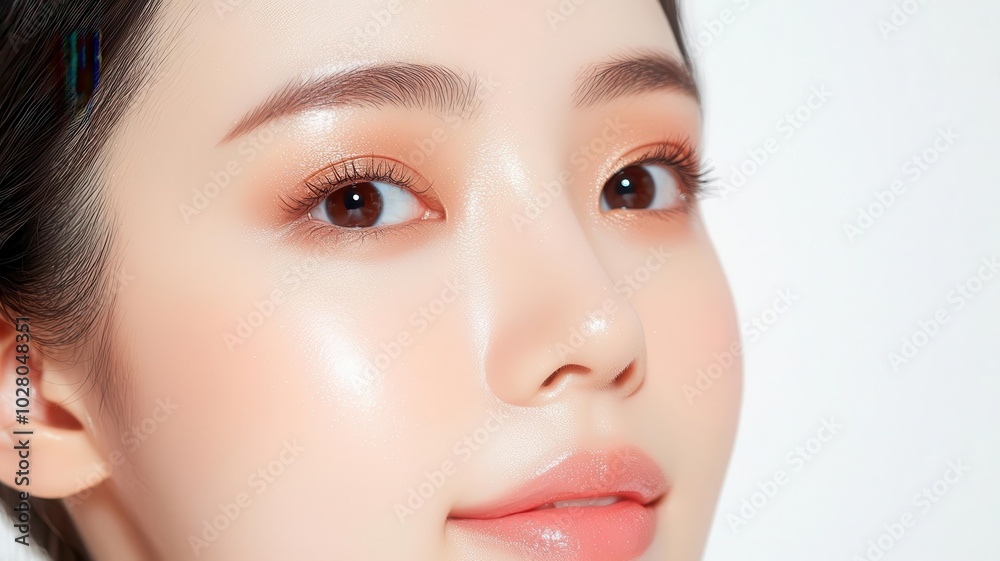 Closeup of an Asian woman with smooth skin and subtle bronzer, creating a glowing, sunkissed look   sunkissed, smooth skin, glowing face