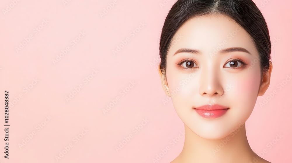 Closeup of an Asian woman with perfectly smooth skin, natural makeup, and a serene expression smooth skin, natural beauty, serene expression Closeup of an Asian woman with perfectly smooth skin, natural makeup, and a serene expression smooth skin, natural beauty, serene expression