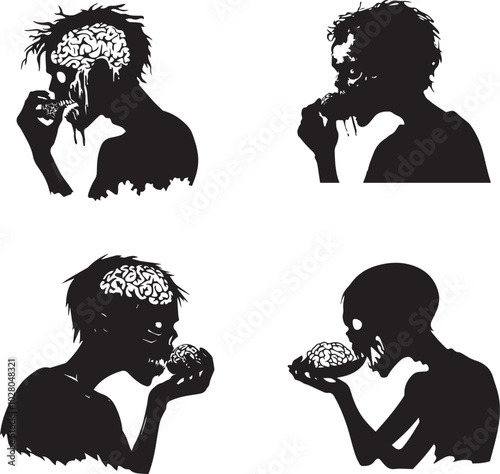 Silhouette of zombies eating brains, Halloween vector silhouettes