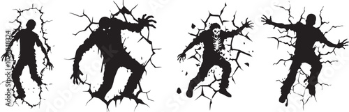 Silhouette of a zombie breaking through a wall, halloween vector silhouettes