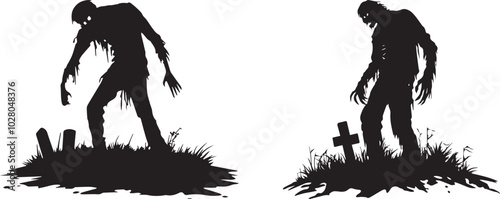 Silhouette of a zombie emerging from a grave, halloween vector silhouettes