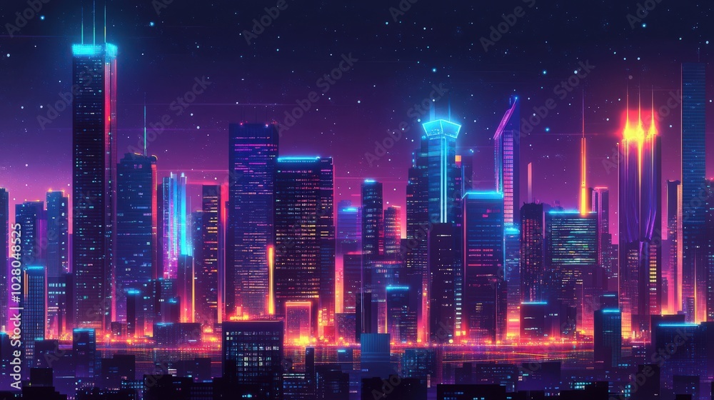 Vibrant neon-lit futuristic cityscape at night. Vibrant neon-lit futuristic cityscape at night.