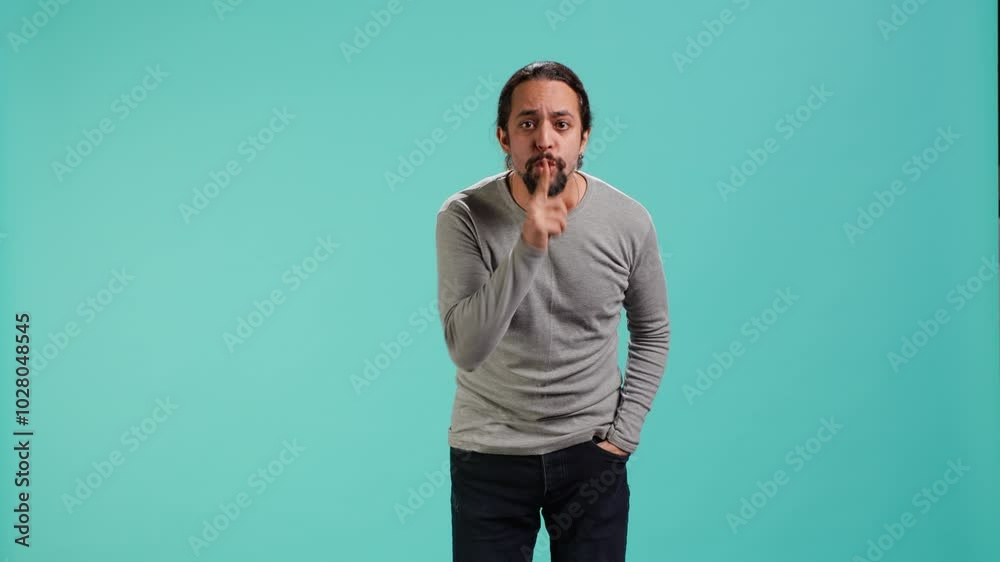 Portrait of man doing shushing hand gesturing, requesting silence. Person placing finger on lips, doing quiet sign gesture, asking for secrecy, isolated over studio background, camera A Portrait of man doing shushing hand gesturing, requesting silence. Person placing finger on lips, doing quiet sign gesture, asking for secrecy, isolated over studio background, camera A