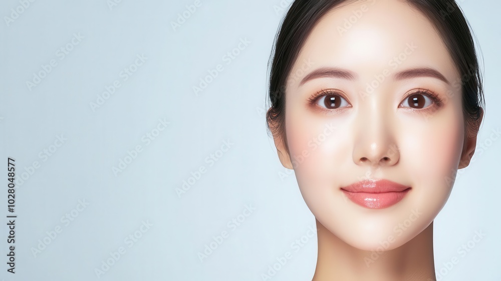 Closeup of an Asian woman with radiant, perfectly smooth skin, captured in soft daylight radiant skin, smooth face, daylight glow Closeup of an Asian woman with radiant, perfectly smooth skin, captured in soft daylight radiant skin, smooth face, daylight glow