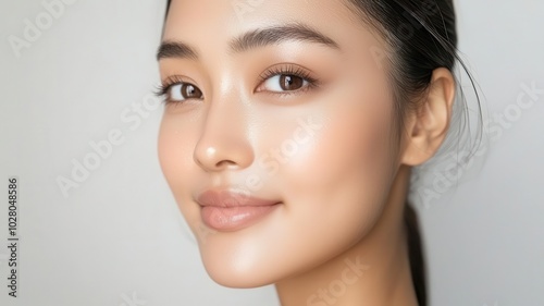 Closeup of an Asian woman with perfect, smooth skin, wearing light dewy makeup and highlighted under soft light dewy makeup, smooth skin, soft lighting