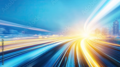 Abstract blurred light speed city background with blue and yellow tones