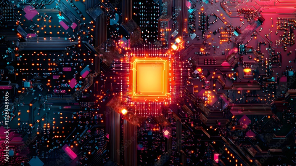 Neon circuitry glowing on black surface, orange lamp central focus, vibrant hues of pink, blue, and green, abstract, digital art, high-tech feel, bold and modern Neon circuitry glowing on black surface, orange lamp central focus, vibrant hues of pink, blue, and green, abstract, digital art, high-tech feel, bold and modern