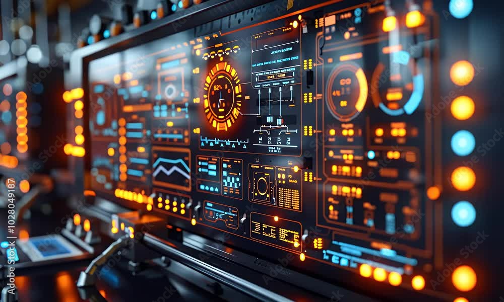 Futuristic control panel with glowing orange and blue digital displays. Futuristic control panel with glowing orange and blue digital displays.