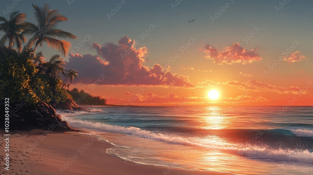 Breathtaking tropical sunset over a serene beach with palm trees. Breathtaking tropical sunset over a serene beach with palm trees.