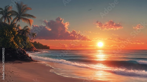 Breathtaking tropical sunset over a serene beach with palm trees.