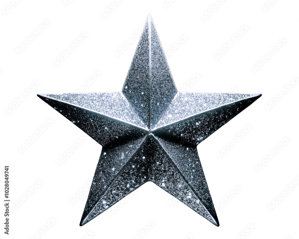 Five-pointed silver glitter star, isolated on empty white background, festive decoration Five-pointed silver glitter star, isolated on empty white background, festive decoration