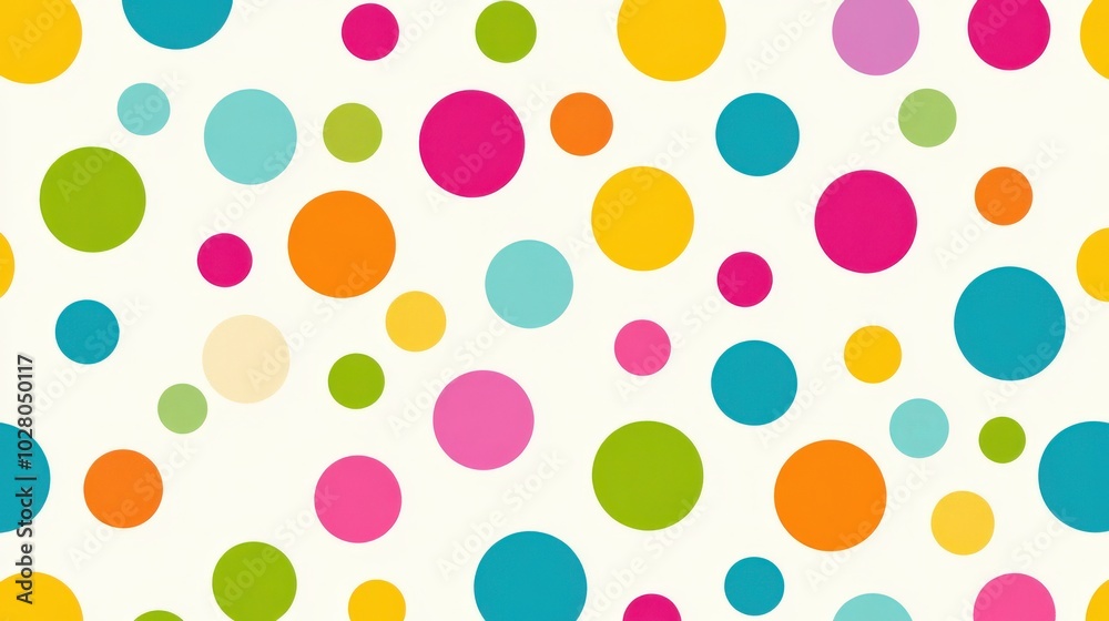 Colorful polka dot pattern on a light background.