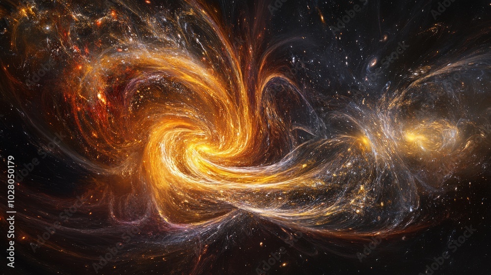 Fiery golden cosmic swirl in a starry universe.