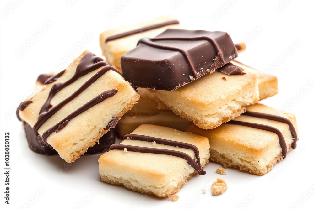 Heap of assortment of shortbread butter biscuits with chocolate on white - generative ai Heap of assortment of shortbread butter biscuits with chocolate on white - generative ai