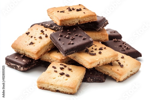 Heap of assortment of shortbread butter biscuits with chocolate on white - generative ai