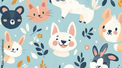 Cute cartoon animal faces on a pastel background.