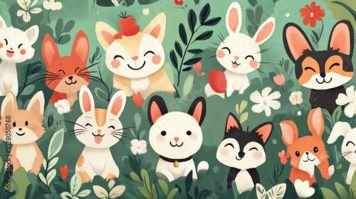 Adorable cartoon animals playfully smile in a vibrant, leafy garden.