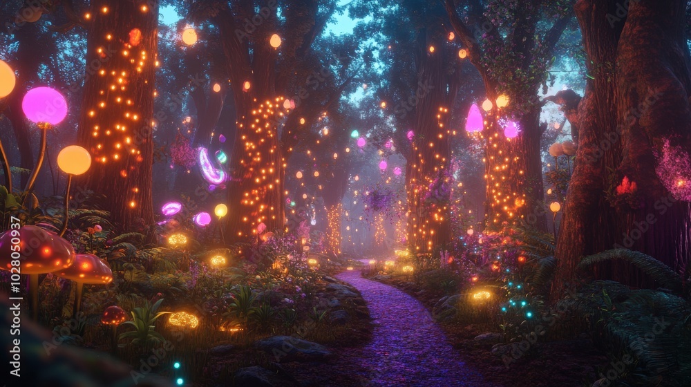 Naklejka premium Enchanted forest path illuminated by glowing fairy lights at dusk.