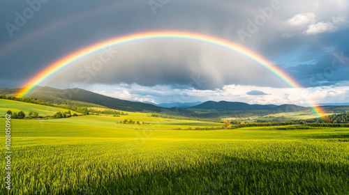 A bright rainbow arcs over lush rural landscape, creating stunning contrast against dramatic sky. vibrant colors enhance serene beauty of nature.