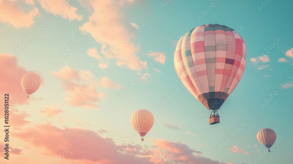 Colorful hot air balloons float gracefully in a serene sky. Colorful hot air balloons float gracefully in a serene sky.