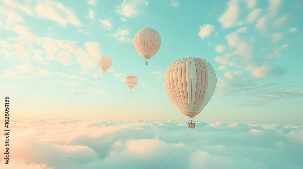Obraz premium Serene hot air balloons floating in a pastel sky above clouds.