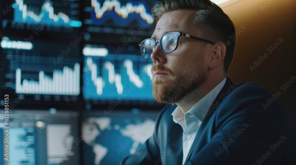 Individual sits attentively, interacting with digital screens showcasing real-time data analysis and financial graphs. Individual sits attentively, interacting with digital screens showcasing real-time data analysis and financial graphs.